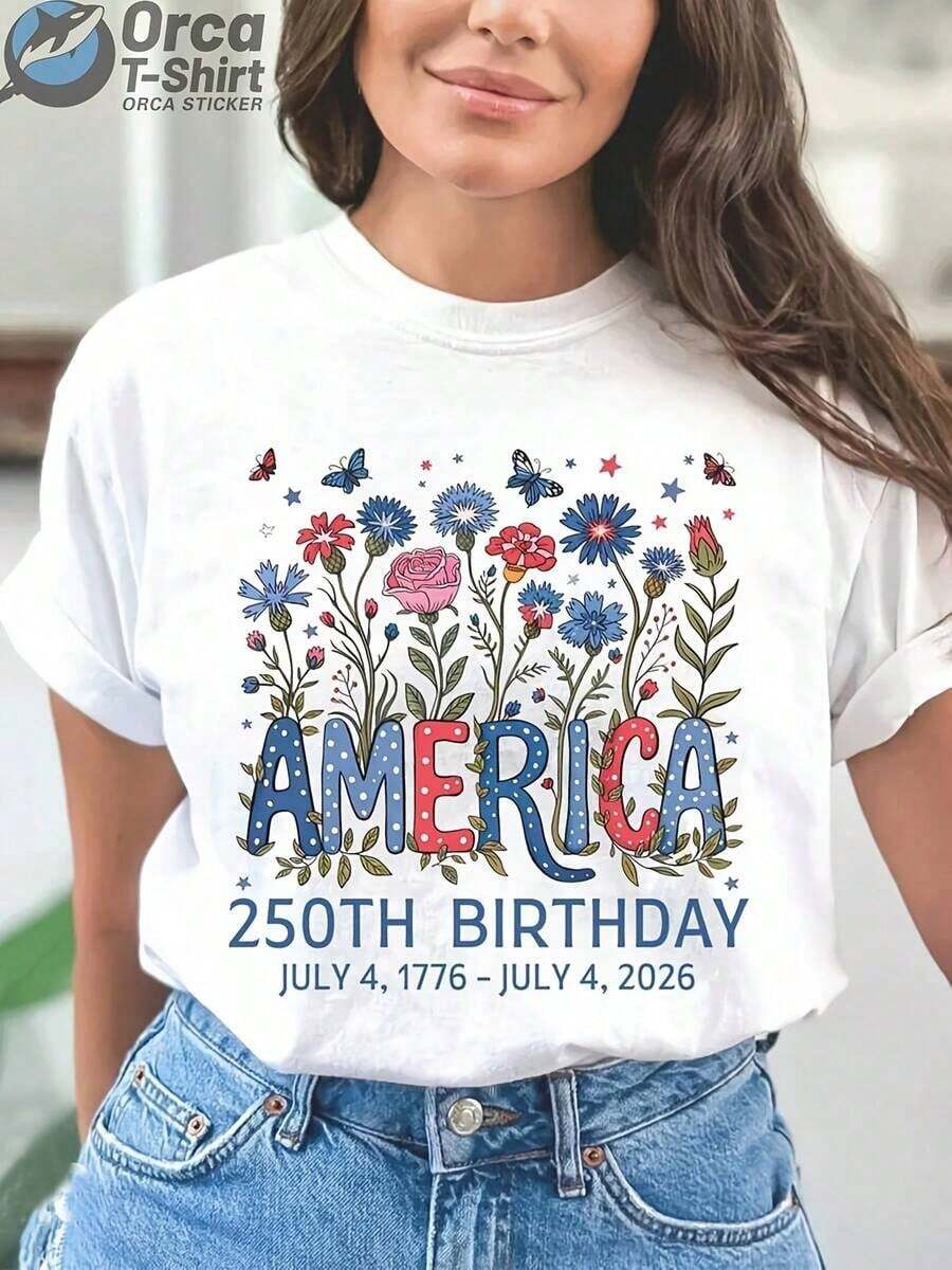 Plus Size 100% Cotton T-Shirt, Floral Design, USA 250th Anniversary - Colorful Print T-Shirt With Blue, Red And White Lettering, Butterflies And Flowers - Comfortable Casual Crew Neck T-Shirt, PLUS SIZE - Ideal Gift For Independence Day, National Day. - 白色 - 查看 1