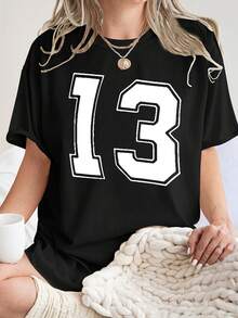 Casual T-shirtCamiseta deportiva minimalista para mujer número 13 - Blusa de manga corta con cuello redondo - Top compatible - No apta para gimnasio, entrenamiento, uso casual en primavera, verano y otoño.Lavable a máquina.Ropa deportiva para mujer100% CottonDurable - Negro - Ver 1