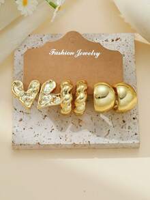 4/6/16 piezas Conjunto de aretes elegantes de moda en dorado, incluye diseños de moño, aro, círculo, corazón, estrella, onda, forma de C, adecuado para uso diario y regalos festivos - Dorado - Ver 3
