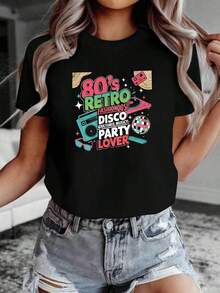 Camiseta con estampado de letras AMANTE DE LAS FIESTAS DISCO RETRO DE LOS 80, manga corta y cuello redondo, top casual para verano y primavera, ropa de mujerSuitable for spring, summer and autumn - Negro - Ver 7