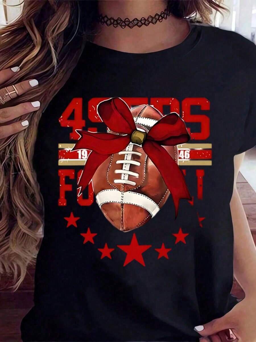 Camiseta Casual para Mujer, Blanca con Estampado del Equipo de Fútbol Americano 49ers, Lazo Rojo y Estrellas, para el Día del Partido y Uso Diario, 220g, 100% Algodón, Resistente - Negro - Ver 1