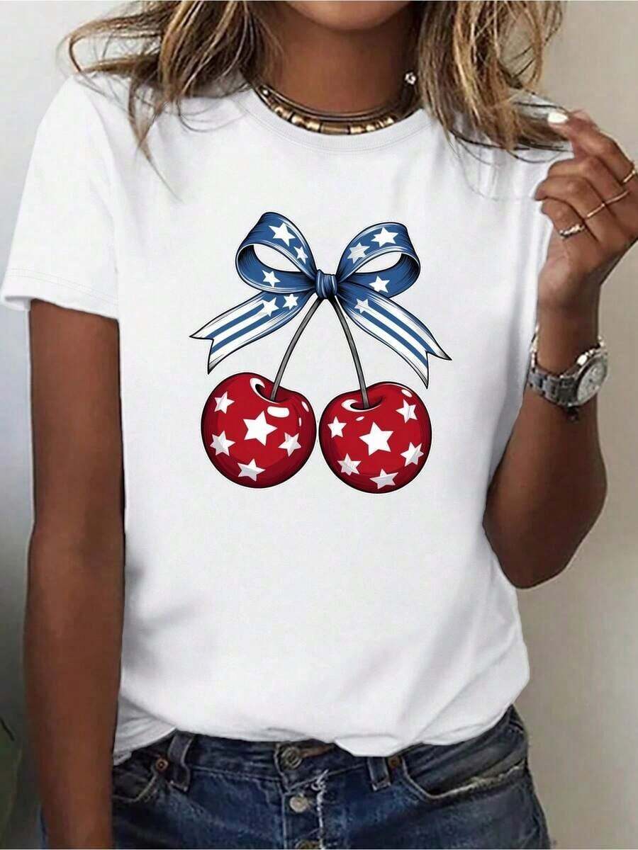 Camiseta de Cuello Redondo con Estampado de Cerezas y Lazo Azul, Top Casual de Manga Corta para Primavera y Verano, Ropa de Mujer, Camiseta de Cuello Redondo para Mujer 100% Algodón, Camiseta de Mujer - Blanco - Ver 1