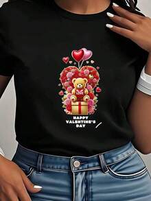 Camiseta de Mujer con Estampado de Oso de Peluche y Corazón de Rosa para el Día de San Valentín, Tejido Cómodo, Perfecta como Regalo - Estilo Vintage Urbano, Unisex, de Algodón, Manga Corta, Cuello Redondo, Blusas para Mujer. blusas.blusas casuales para dama.Impresión de osos cariñosos.Camiseta estampada Impresión de osos cariñosos. - Negro - Ver 1
