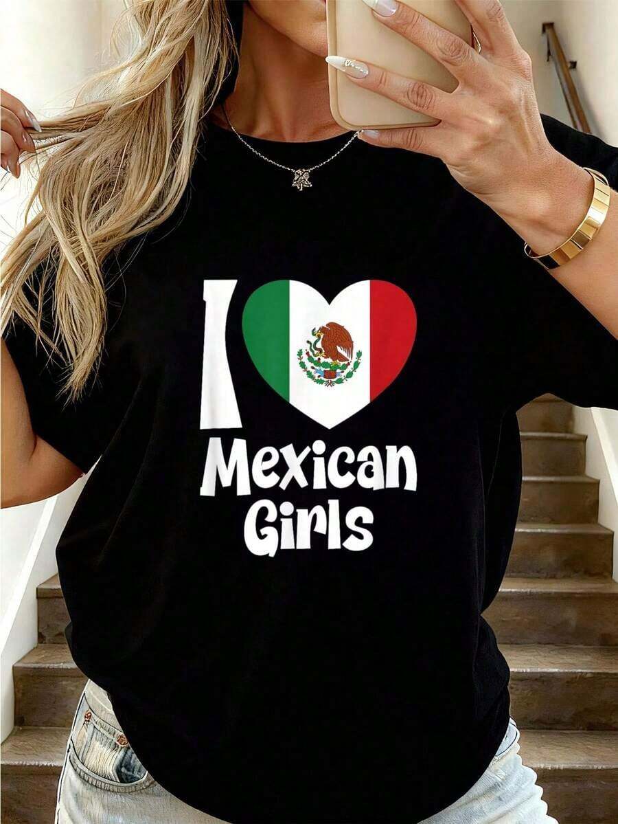 Camiseta Amo a las Chicas Mexicanas con Corazón deéxico - Camisetas Gráficas Casuales de Moda para Mujeres - Tops de Camiseta para Uso Diario,Prendas callejeras de estilo fiesta y carnaval con blusas transpirables para uso diario y actividades. - Negro - Ver 1