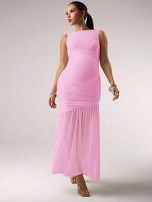 MaterniChic Vestido sin mangas fruncido de unicolor elegante para maternidad - Rosa Pálido - Ver 5