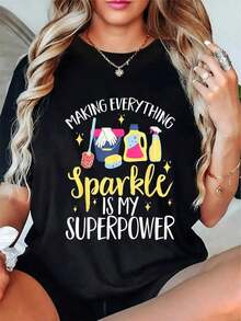 Women's Funny T-Shirt With "Making Everything Shine Is My Superpower" Print, With Cleaning Product Elements - 180g Soft Pure Cotton, Loungewear, Suitable For Housewives, Mothers And Cleaning Enthusiasts - Casual Machine Washable T-Shirt With Humorous Design, Breathable Fabric, Unique Garment, Funny Print T-Shirt, Comfortable Material - 黑色 - 查看 1