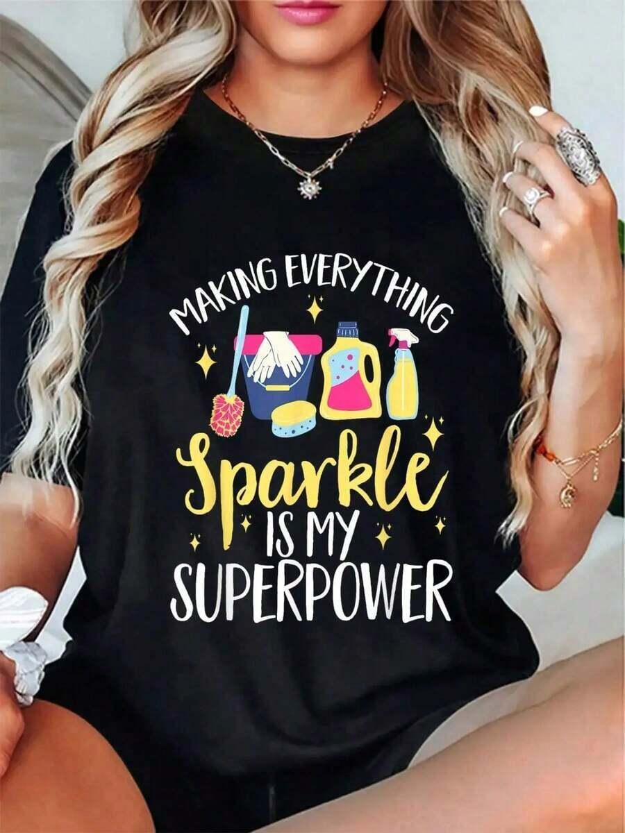 Women's Funny T-Shirt With "Making Everything Shine Is My Superpower" Print, With Cleaning Product Elements - 180g Soft Pure Cotton, Loungewear, Suitable For Housewives, Mothers And Cleaning Enthusiasts - Casual Machine Washable T-Shirt With Humorous Design, Breathable Fabric, Unique Garment, Funny Print T-Shirt, Comfortable Material - 黑色 - 查看 1