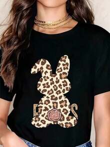 Camiseta con Estampado de Conejo y Leopardo para Mujer, Corte Holgado, Manga Corta, Estilo Casual, Moda de Verano, Camiseta con Patrón Animal - Negro - Ver 1