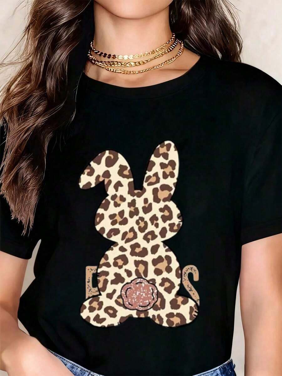 Camiseta con Estampado de Conejo y Leopardo para Mujer, Corte Holgado, Manga Corta, Estilo Casual, Moda de Verano, Camiseta con Patrón Animal - Negro - Ver 1