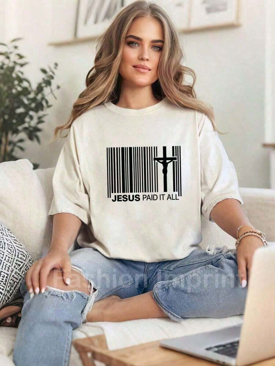 Women's Style, "Jesus Paid For Everything" T-Shirt, Christian T-Shirts, Loose Fit Women's T-Shirt, Perfect For Parties Or Gifts, Soft And Comfortable - 白色 - 查看 1