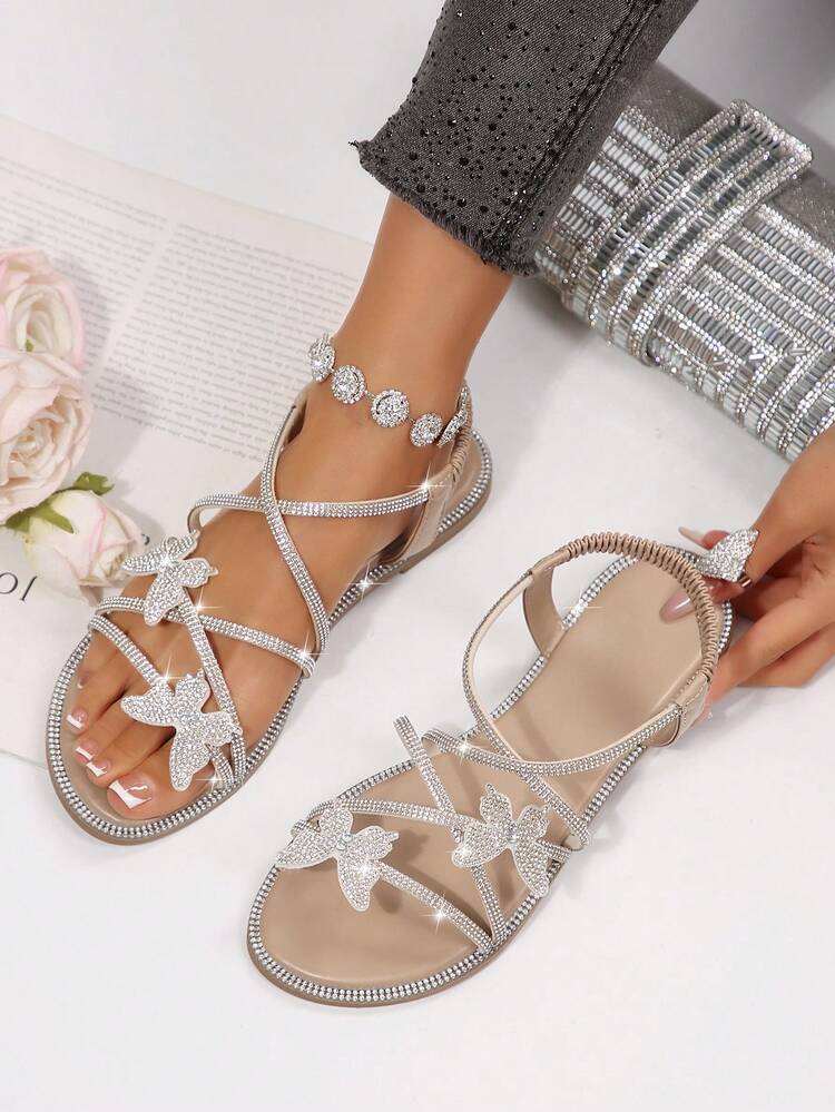Women's Round Toe Criss-Cross Strap Sandals With Glass Rhinestones, Elastic Ankle Strap, Slip-On, Flat Sole, Suitable For Summer Beach Wear - Apricot - View 4