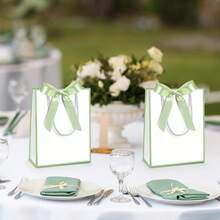 10 Pcs /1pcWedding Paper Gift Bags With Handle 9x7x3.15'' Thank You Gifts Bags With Ribbon Bow Bridal Shower Gifts For Baby Shower Graduation Holiday Birthday Party Supplies (White,Sage Green) - White, Sage Green - View 6