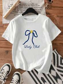 Women's Plus Size Summer Essential Casual T-Shirt, Blue "Women's Club" Tee With Gold Polka Dot Print And Bow, Suitable For Everyday Wear. Fashionable Women's Top, Made Of Pure Cotton, Round Neck, Casual, Short Sleeves, Breathable And Soft, A Must-Have For Casual Daily Wear, The Perfect Gift For Her. Soft Cotton For Everyday Wear. - 白色 - 查看 12