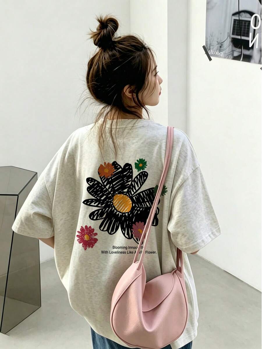 女士宽松圆领短袖字母花卉印花T恤,春夏休闲款 - 淺花灰 - 查看 1