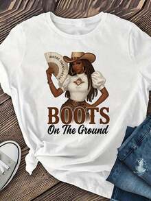 Women's Clothing "Boots On The Ground" Graphic Tee - 100% Cotton, Short Sleeve, Crew Neck, Casual Western Themed Design, Breathable And Comfortable, Machine Washable, Perfect Gift For Women, Casual Outfit, Cowboy Theme, Comfortable Fit, Women's Shirts - 白色 - 查看 1