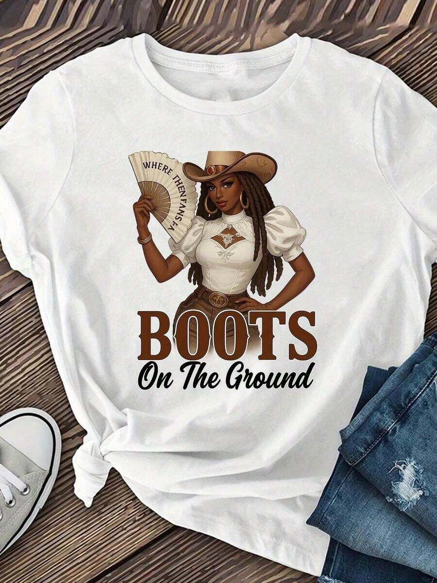 Women's Clothing "Boots On The Ground" Graphic Tee - 100% Cotton, Short Sleeve, Crew Neck, Casual Western Themed Design, Breathable And Comfortable, Machine Washable, Perfect Gift For Women, Casual Outfit, Cowboy Theme, Comfortable Fit, Women's Shirts - 白色 - 查看 1