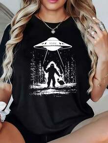 1 Piece, 180g M², Polyester Round Neck T-Shirt - Fashionable Printed T-Shirt For Women - Casual Short Sleeve Round Neck Blouse - Lightweight And Breathable For Everyday Wear. These Round Neck Printed Short Sleeve Casual Everyday T-Shirts Are Excellent Gifts For Friends And Family. Made Of 100% Cotton, They Feature A Youthful And Fashionable Design. - 黑色 - 查看 1
