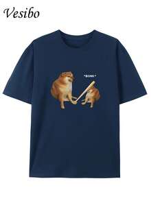 Hit Your Dog's Head! Funny T-Shirt With A Round Neck And Creative Design, Pure And  Summer Fashion, Short Sleeves, Casual Top For Everyday Wear - 海軍藍 - 查看 1