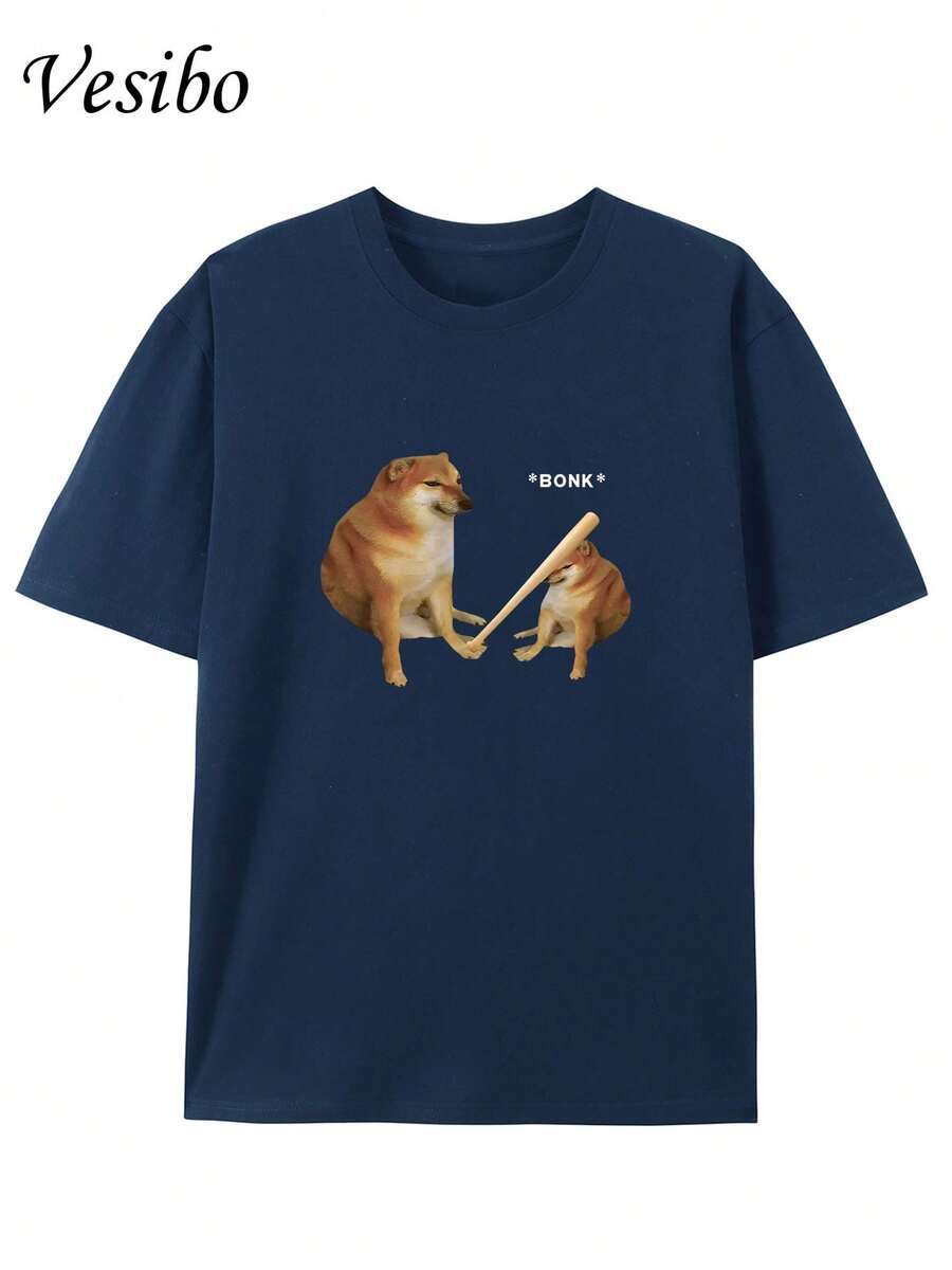 Hit Your Dog's Head! Funny T-Shirt With A Round Neck And Creative Design, Pure And  Summer Fashion, Short Sleeves, Casual Top For Everyday Wear - 海軍藍 - 查看 1