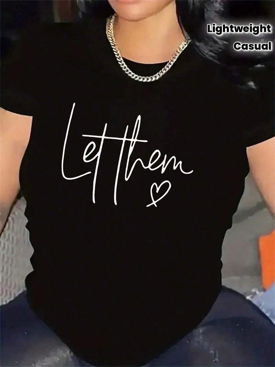 Camiseta Negra para Mujer con Estampado 'Let Them Script' y Diseño de Corazón - Top Casual Ligero de Cuello Redondo, Letras Blancas y Recortes de Corazónblusas para mujer>ropa - Negro - Ver 1