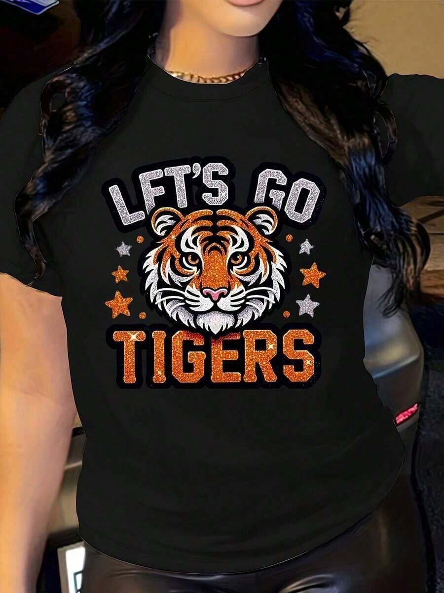 Women's Let's Go Tigers Graphic T-Shirt - Tiger Graphic Design And Lettering In Orange, Black, And White - Breathable T-Shirt For Sports Fans, Casual Wear - Lightweight T-Shirt For Everyday Wear, Parties And Games, Game Day Outfit, Sporty Aesthetic, Comfortable Fit, Short Sleeve T-Shirt, Basic Blouses For Team Supporters - 黑色 - 查看 1
