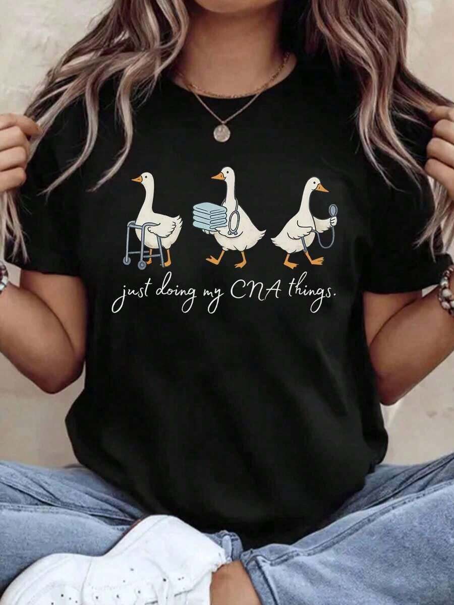 Women's Cotton T-Shirts, Nurse Shirt With Duck Design, Funny Gift For CNA Nurses, Healthcare Workers, Hospital Staff Uniform, Women's Basic Blouses. - 黑色 - 查看 1