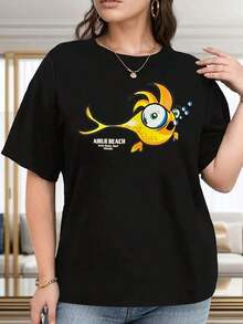 Women's Cotton T-Shirts, Women's T-Shirt With Marine Life Print, Soft And Casual For Everyday Wear, Ideal For Beach Holidays - Machine Washable Black T-Shirt With Yellow And Green Details - Comfortable And Durable Basic Blouses For Women. - 黑色 - 查看 1
