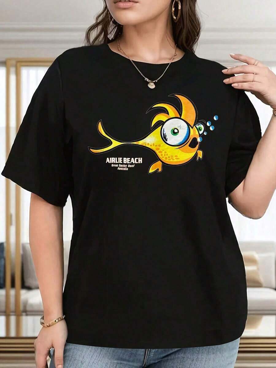 Women's Cotton T-Shirts, Women's T-Shirt With Marine Life Print, Soft And Casual For Everyday Wear, Ideal For Beach Holidays - Machine Washable Black T-Shirt With Yellow And Green Details - Comfortable And Durable Basic Blouses For Women. - 黑色 - 查看 1