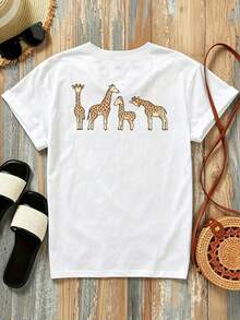 New 180g Short-Sleeved T-Shirt, % Cotton, With Giraffe Print On The Front And Back, Animal Print - Fashionable Printed T-Shirt For Women, Spring/Summer, Suitable For All Seasons,  Clothing - Can Be Worn As A Base Layer In Spring And Autumn Or Alone In Summer, Unisex. - 白色 - 查看 2