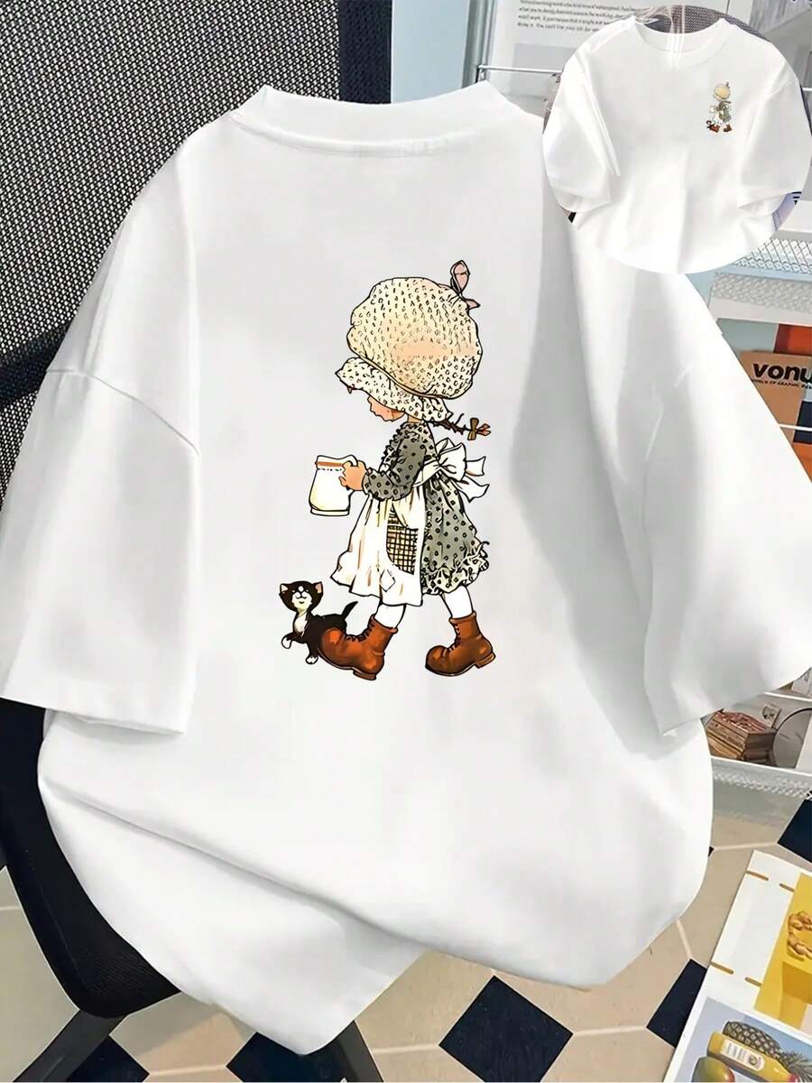 New 180g Short-Sleeved T-Shirt, 1% Cotton, With Prints On The Front And Back - Vintage Style Illustration, Girl And Cat - Fashionable Printed T-Shirt For Women, Short-Sleeved, Suitable For All Seasons, Modern Clothing - Can Be Used As A Base Layer In Spring And Autumn Or Alone In Summer, Unisex. - 白色 - 查看 1