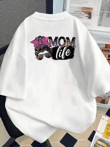 New 180g Short-Sleeved T-Shirt, 1% Cotton, With Prints On The Front And Back - MOM LIFE - Fashionable Printed T-Shirt For Women, Your Best Choice! - Suitable For Layering In Spring And Autumn, And For Wearing Alone In Summer, Unisex Style. - 白色 - 查看 2