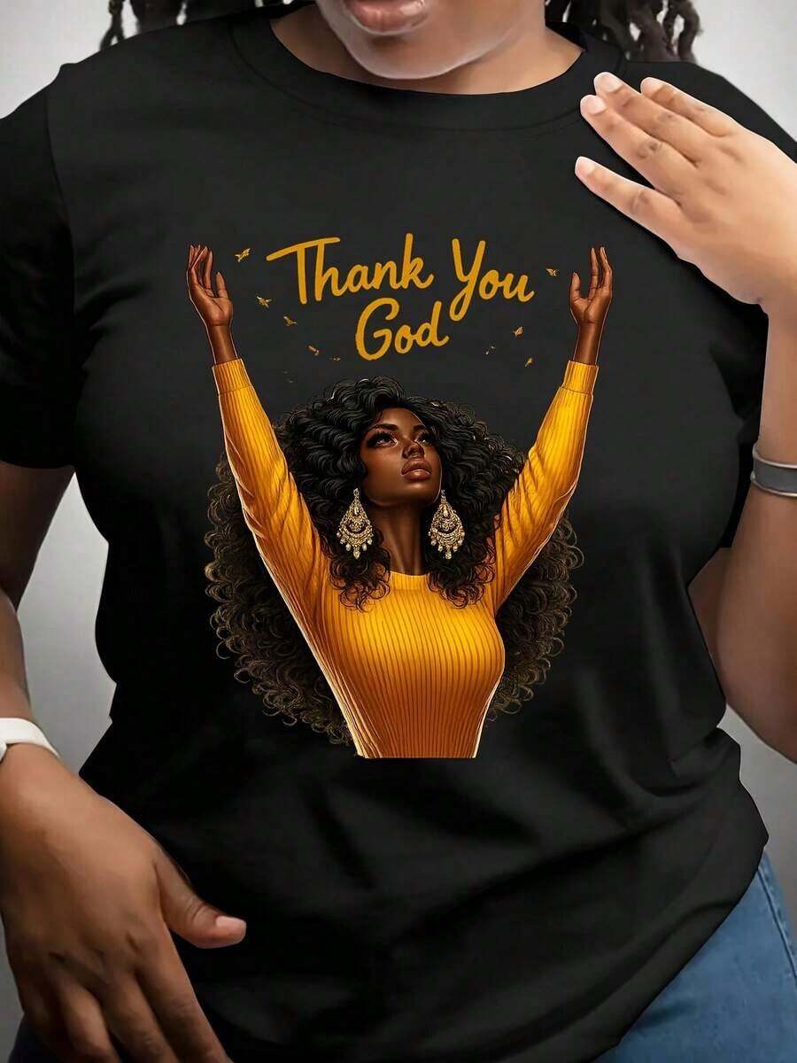 Men's T-Shirt, Women's Casual T-Shirt, American Style: Featuring A 'Thank God' Design, This T-Shirt Has A Round Neck And Short Sleeves, Made With Breathable Fabric. It's Versatile And Perfect For Party Wear. - 黑色 - 查看 1