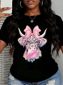 Women's 100% Cotton Casual T-Shirt With A Fun Cow Print, Pink Bow, And Glasses Blowing Bubble Gum. Features A Round Neck, Short Sleeves, And Is Perfect For Everyday Wear, Parties, Festivals, And As A Gift. A Fashionable Summer Cotton T-Shirt. - 黑色 - 查看 6