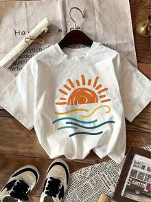 Men's And Women's Casual One-Piece Fashion T-Shirt, Printed, Short Sleeve, Round Neck, Casual Top, Spring/Summer Clothing For Women, Unisex, Loose Fit, Comfortable, Urban Vintage Style, Cotton T-Shirt, Versatile, Easy To Match, For Daily Wear, Urban Style, For Vacation, For Weekends. - 白色 - 查看 6
