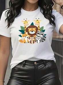 Women's T-Shirt Casual Short Sleeve Round Neck T-Shirt For Women | Fashionable Double Feminine Illustration Print, Available In Multiple Colors And Sizes, Soft And Breathable Machine Washable Fabric, Comfortable For Daily Wear In All Seasons, Non-See-Through Material. - 白色 - 查看 6
