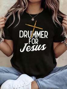 Jesus Drummer Women's T-Shirt With Jesus Drummer And Drumstick Print, For Church Performances, Band Rehearsals, Vibrant Faith Style, Short Sleeve, Everyday Urban Style - Unisex Loose Cotton Short Sleeve Crew Neck T-Shirt, Vintage Urban Style - 黑色 - 查看 1
