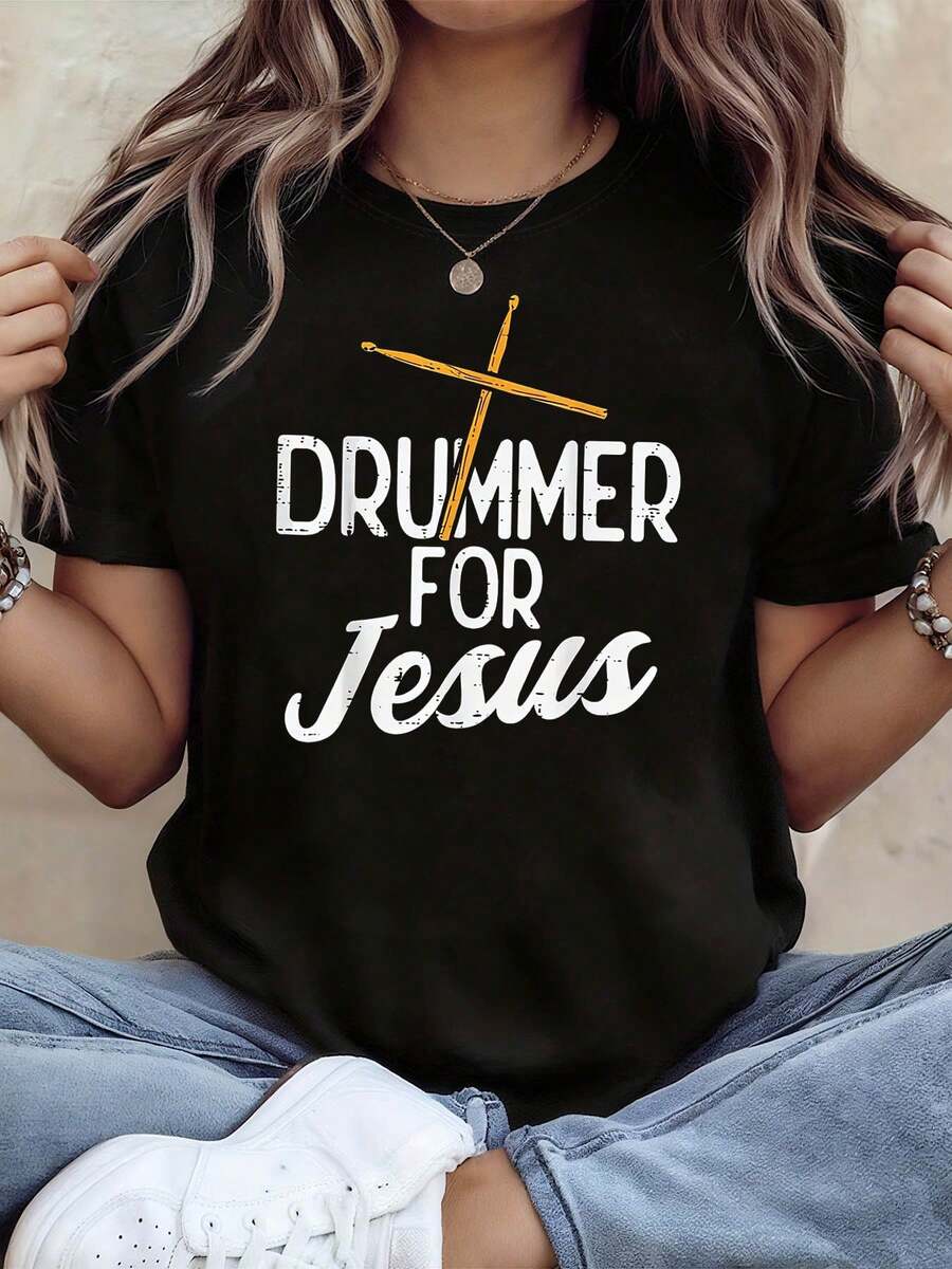 Jesus Drummer Women's T-Shirt With Jesus Drummer And Drumstick Print, For Church Performances, Band Rehearsals, Vibrant Faith Style, Short Sleeve, Everyday Urban Style - Unisex Loose Cotton Short Sleeve Crew Neck T-Shirt, Vintage Urban Style - 黑色 - 查看 1