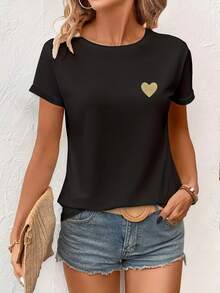 Women's Cotton T-Shirts With Round Neck, Casual New Yellow Heart Print + Fashionable Loose Casual Short Sleeve T-Shirt, Simple Top For Summer/Spring Vacation, Sexy, Sweet And Cute For Everyday Wear - 黑色 - 查看 6
