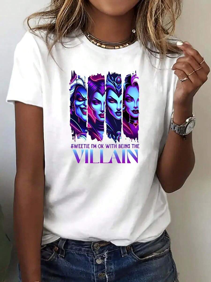 Women's Short Sleeve Crew Neck Cotton T-Shirt - Villain Queen, Sweetheart, I Accept Being A Villain - Fashionable Spring/Summer Printed T-Shirt For Women, Your Best Choice! Simple T-Shirt For Everyday Wear - 白色 - 查看 1