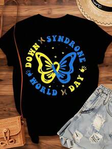 Butterfly Awareness T-Shirt For World Down Day For Women And Men, Unisex Casual Wear, Gift For Special Needs Advocacy Events, 220g - Vintage Urban Style, Unisex Loose Fit Pure Cotton Short Sleeve Crew Neck T-Shirt, 100% Pure Cotton. - 黑色 - 查看 4