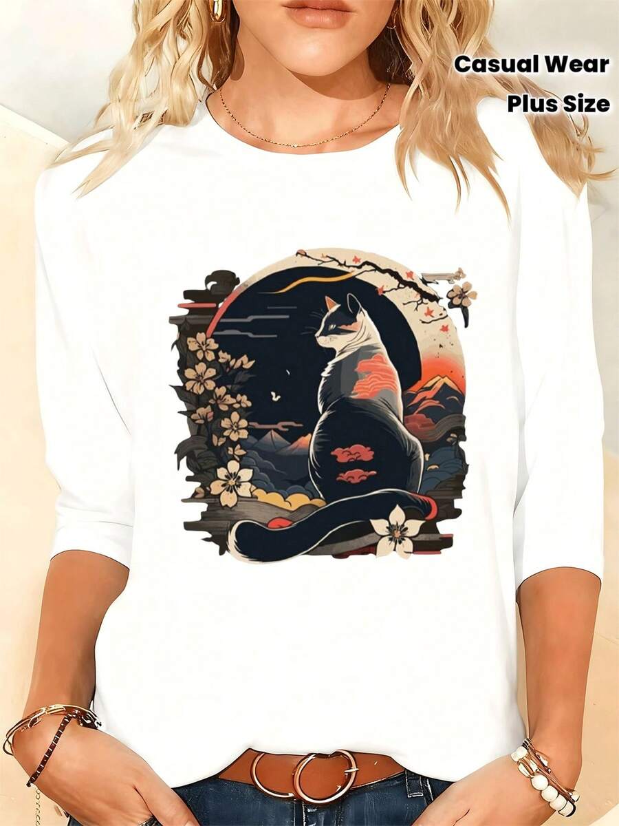 Women's Plus Size Long Sleeve T-Shirt With Vintage-Inspired Floral Print, Plus Size, Comfortable, Stylish, Loose Fit, For Everyday Casual Wear, Essential For Autumn And Winter - 白色 - 查看 1