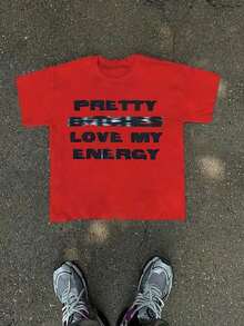 Cute Unisex Premium Casual T-Shirts, 'Positive Vibe' T-Shirt With The Phrase 'PRETTY GIRLS LOVE MY ENERGY', Short Sleeve Casual T-Shirt, Soft, Pure Cotton 220gsm - 紅色 - 查看 6