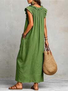Casual Solid Color Sleeveless Arabian Dress, Made Of Deep V-Neck, Ruffle Hem And Long Woven Fabric With Pockets Elegant Summer - Green - View 2