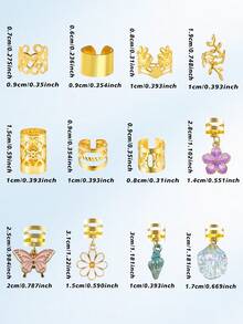 75pcs Floral Fantasy Hair Rings, Includes White Heart, Pearl, Daisy, Pink Butterfly And Camellia, Multi-Shape Adjustable Braided Hair Accessories - Gold - View 8