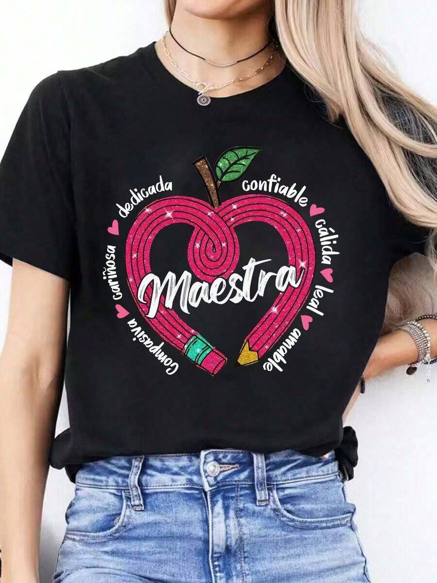 Women's Casual Short Sleeve Round Neck Sports T-Shirt With Spanish Letter Print For Spring And Summer - 黑色 - 查看 1