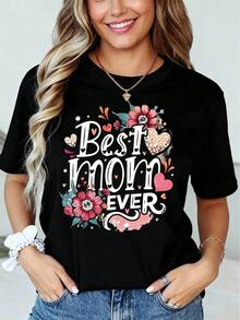 Short-Sleeved T-Shirt For Women With A Mom Theme, Sweet And Cozy Style, Heart Floral Print With The Phrase "World's Best Mom", Round Neck, Suitable For Spring And Summer. Perfect For Casual Outings, Holiday Gifts, Get-Togethers With Friends, Family Parties, And Vacation Wear. Leisure - 黑色 - 查看 6