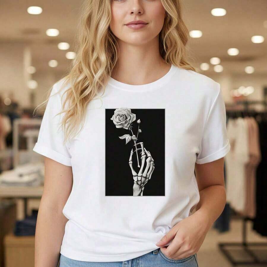 Mujeres Esqueleto Mano & Rosa Imprimir Algodón Camiseta Informal Redondo Cuello Corto Manga Superior, Suelto Ajuste Tee Para Diario Desgaste, Tallas S-5XL Tallas Disponible Negro Básico Gráfico Camiseta Verano Moda Ropa urbana Cómodo Suave Algodón Blusa Gótico Arte Diseño Camisa para mujer, ropa fresca de verano - Blanco - Ver 1