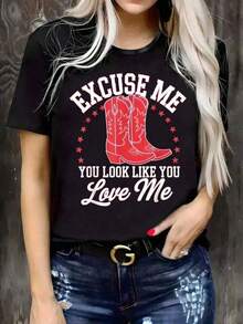 1 Piece Funny Slogan T-Shirt For Women - Sorry If I Look Like I Love You, Red Western Print, Casual Short Sleeve Crew Neck T-Shirt For Spring, Summer, Autumn, Country Music Festival Outfit, Machine Washable Denim T-Shirt 180g 100% Soft Cotton - 彩色 - 查看 6