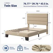 Allewie Twin/Full/Queen/King Size Platform Bed Frame With Fabric Upholstered Headboard And Wooden Slats Support, Fully Upholstered Mattress Foundation, No Box Spring Needed, Easy Assembly, Beige - 米色 - 查看 7