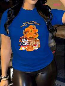 MYNOVA C Women's Soft Cotton T-Shirt, Plus Size, With Day Of The Dead Skull And Flower Print, Halloween Gift, Outfit, Fashionable Women's Summer Dresses, Casual, Perfect For All Seasons, Sizes S M L XL, 100% Cotton Women's T-Shirts - 藍色 - 查看 2